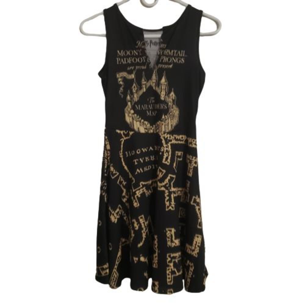 Harry Potter Size XS Marauders Map Dress Fit Flare Sleeveless Black Gold (B012)